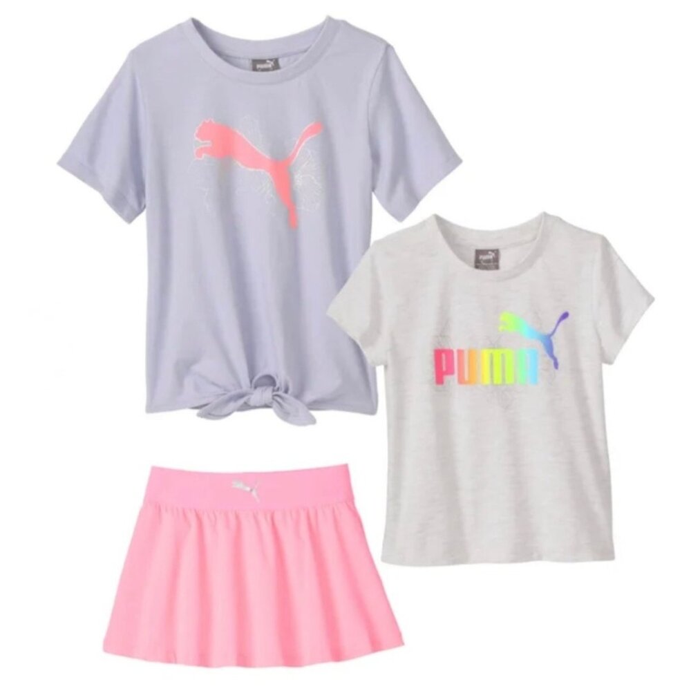 PUMA Kid Girls Size 2T 3-piece Active Set Pink Purple Sun Struck T-Shirts Skort